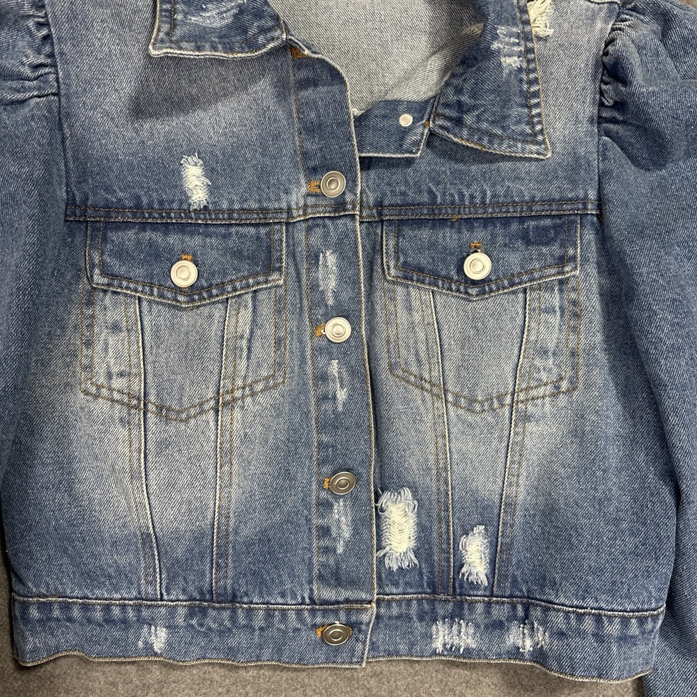 Clara Jayne Jean Jacket Women's M Cropped Ruffled Distressed Denim L/S - Picture 3 of 9